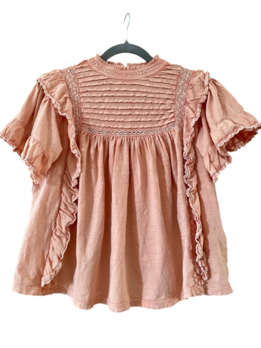 Free People Le Femme Lace Ruffle Pintuck Top Peach Pink Size Small - Picture 2 of 10
